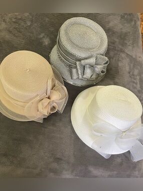 3 Elegant Women's Decorative Straw Hat - White, Beige, Silver